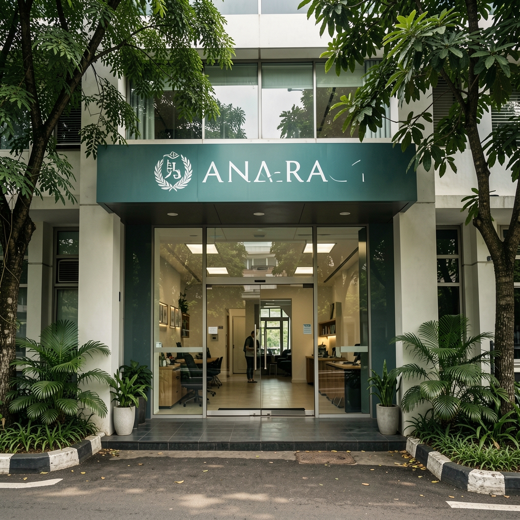 Jakarta editorial office entrance with leafy street view and understated teal sign
